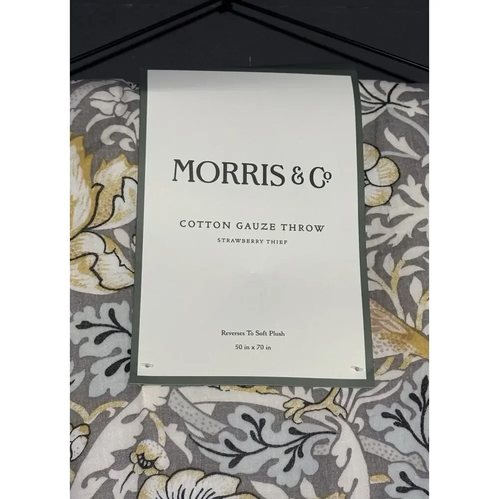 William Morris & Co Strawberry Thief Throw Blanket Cotton Gauze Fleece Grey NWT